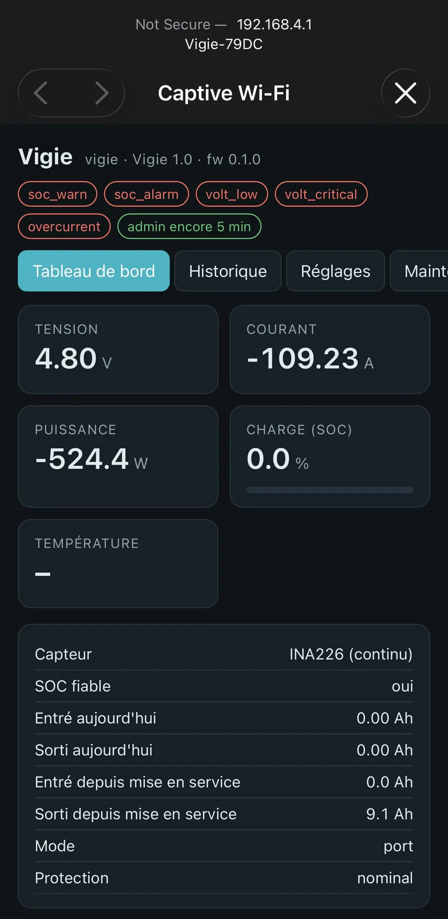 Vigie 1.0 dashboard, served from the board's own access point.